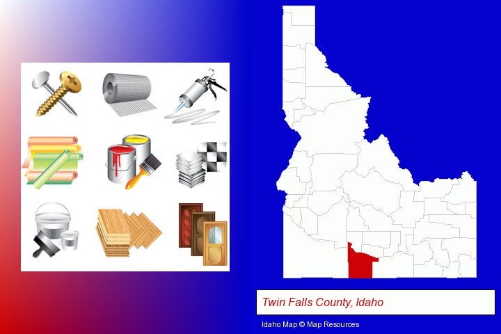 representative building materials; Twin Falls County, Idaho highlighted in red on a map