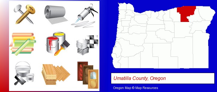representative building materials; Umatilla County, Oregon highlighted in red on a map