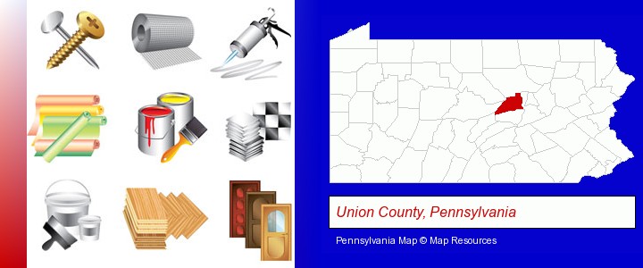 representative building materials; Union County, Pennsylvania highlighted in red on a map