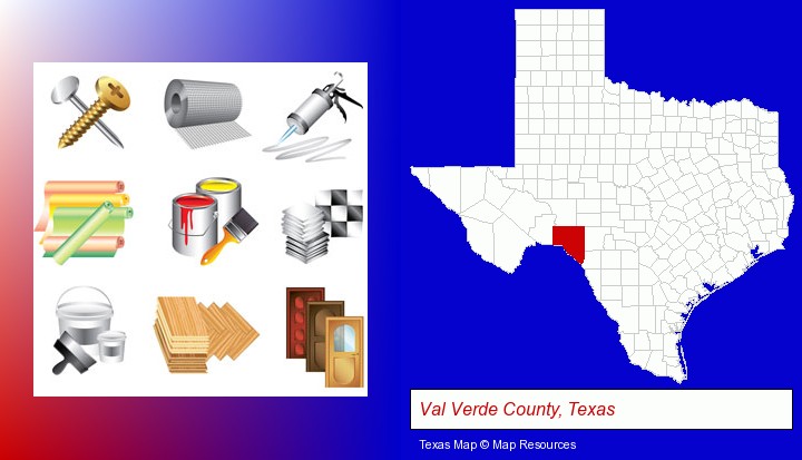 representative building materials; Val Verde County, Texas highlighted in red on a map