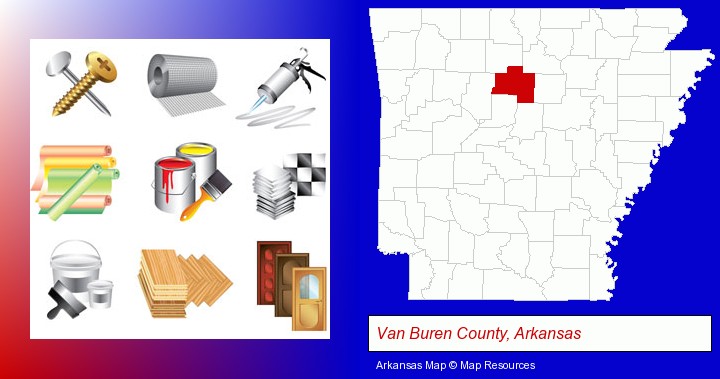 representative building materials; Van Buren County, Arkansas highlighted in red on a map