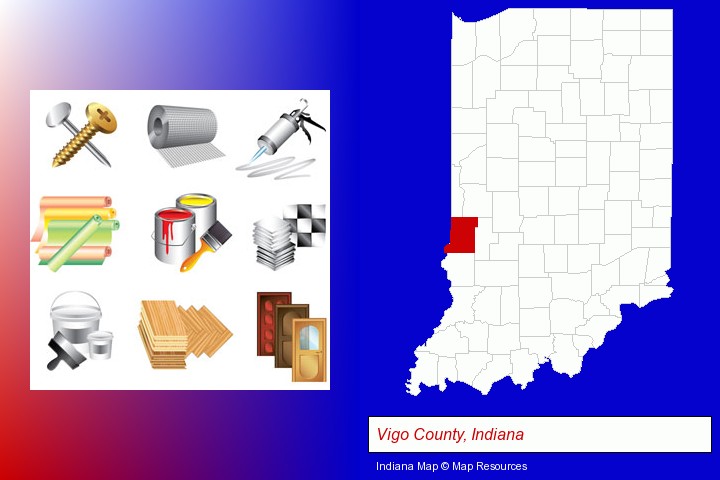 representative building materials; Vigo County, Indiana highlighted in red on a map