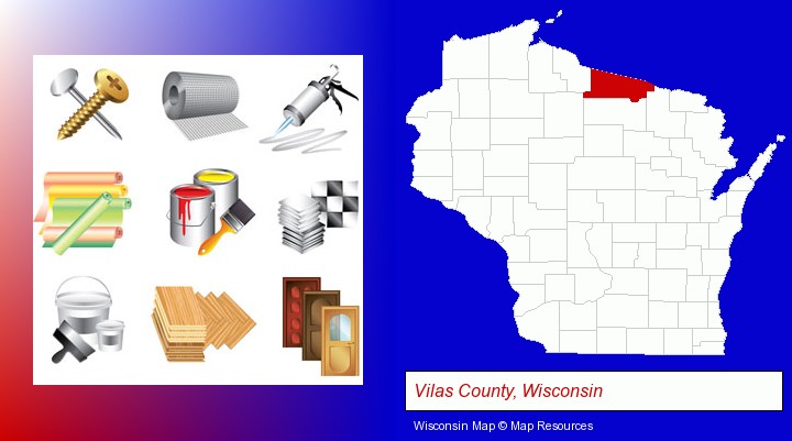 representative building materials; Vilas County, Wisconsin highlighted in red on a map