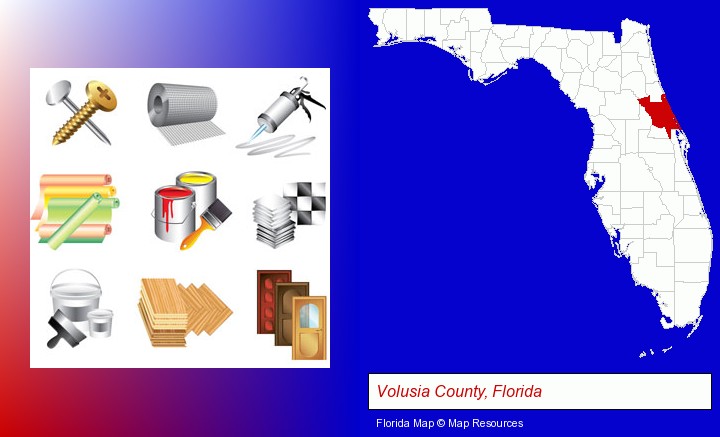 representative building materials; Volusia County, Florida highlighted in red on a map