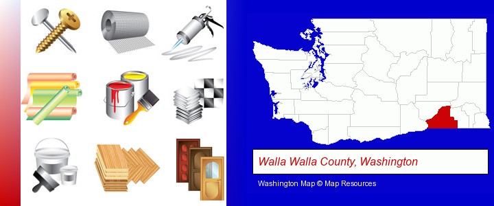 representative building materials; Walla Walla County, Washington highlighted in red on a map