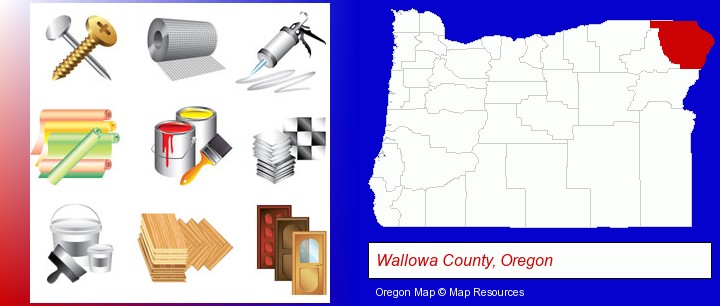 representative building materials; Wallowa County, Oregon highlighted in red on a map