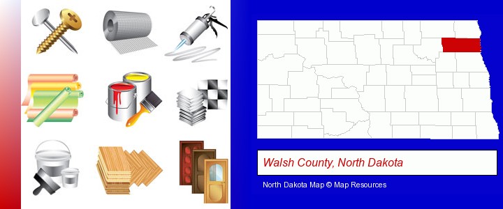 representative building materials; Walsh County, North Dakota highlighted in red on a map