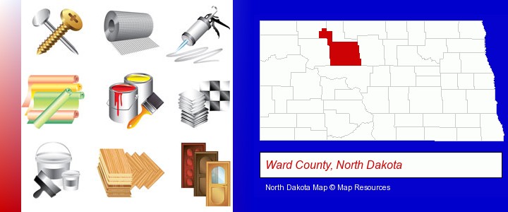 representative building materials; Ward County, North Dakota highlighted in red on a map