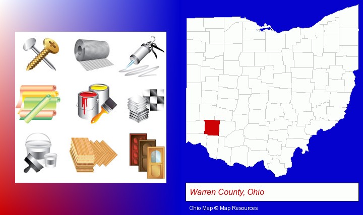 representative building materials; Warren County, Ohio highlighted in red on a map