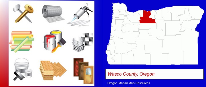 representative building materials; Wasco County, Oregon highlighted in red on a map