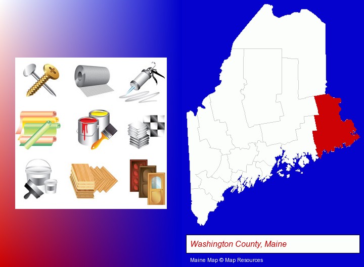 representative building materials; Washington County, Maine highlighted in red on a map