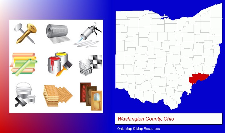 representative building materials; Washington County, Ohio highlighted in red on a map