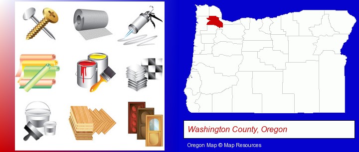 representative building materials; Washington County, Oregon highlighted in red on a map
