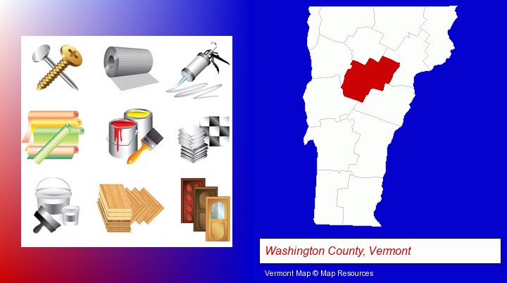 representative building materials; Washington County, Vermont highlighted in red on a map