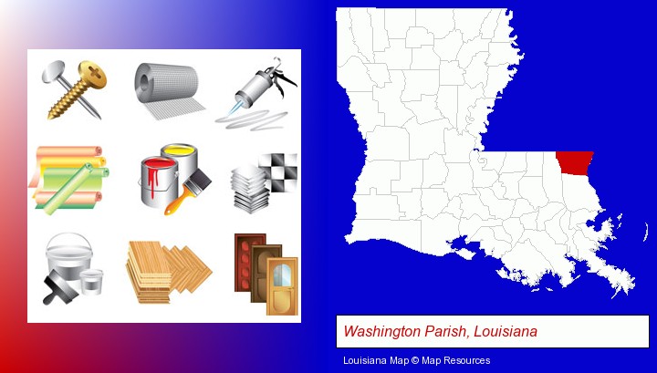 representative building materials; Washington Parish, Louisiana highlighted in red on a map