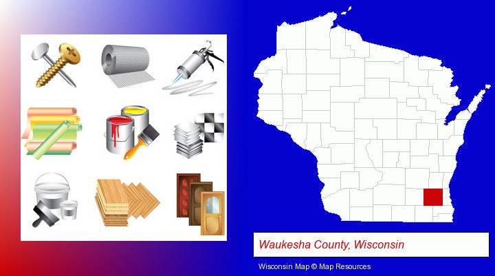 representative building materials; Waukesha County, Wisconsin highlighted in red on a map
