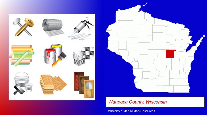 representative building materials; Waupaca County, Wisconsin highlighted in red on a map