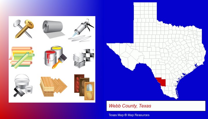 representative building materials; Webb County, Texas highlighted in red on a map