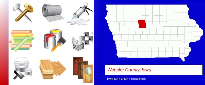 representative building materials; Webster County, Iowa highlighted in red on a map