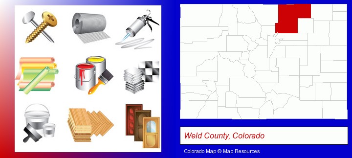 representative building materials; Weld County, Colorado highlighted in red on a map