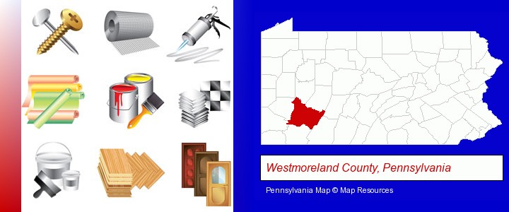 representative building materials; Westmoreland County, Pennsylvania highlighted in red on a map