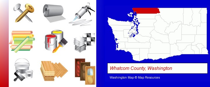 representative building materials; Whatcom County, Washington highlighted in red on a map