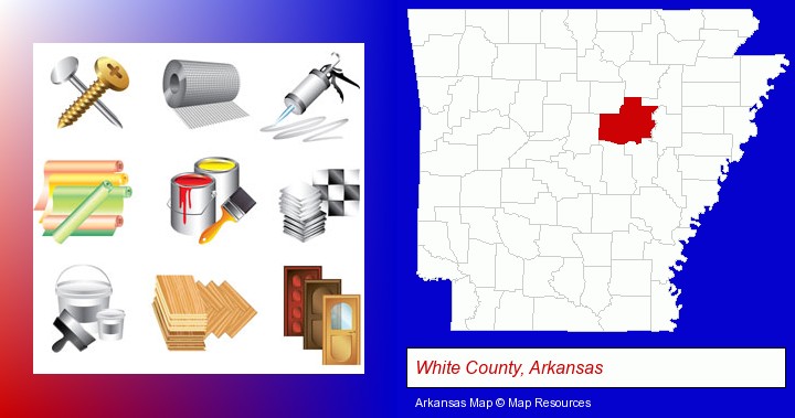 representative building materials; White County, Arkansas highlighted in red on a map