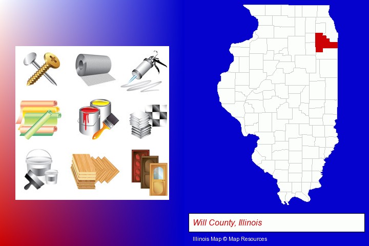 representative building materials; Will County, Illinois highlighted in red on a map