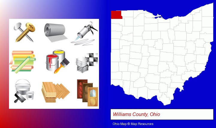 representative building materials; Williams County, Ohio highlighted in red on a map