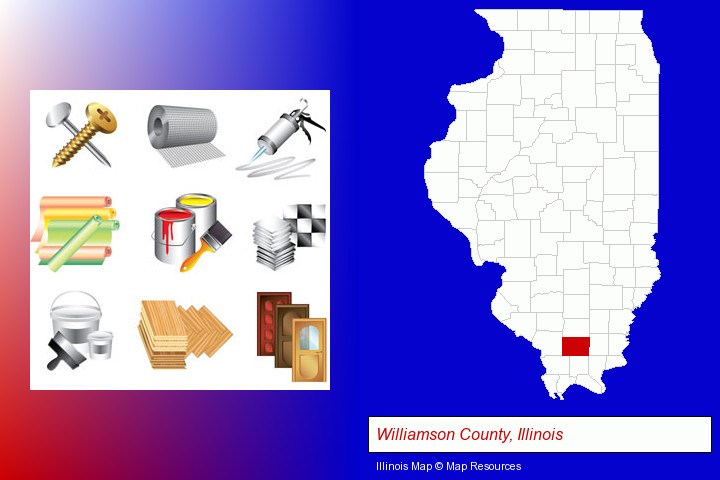representative building materials; Williamson County, Illinois highlighted in red on a map