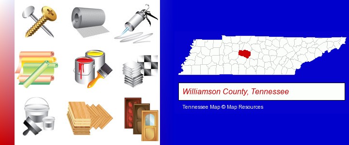 representative building materials; Williamson County, Tennessee highlighted in red on a map