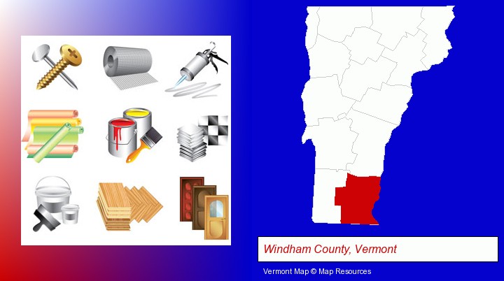 representative building materials; Windham County, Vermont highlighted in red on a map