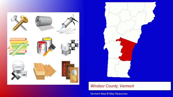 representative building materials; Windsor County, Vermont highlighted in red on a map