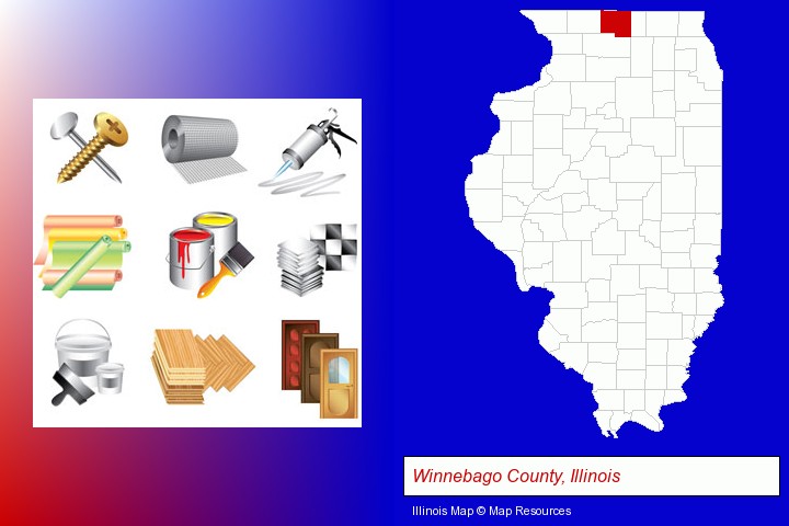 representative building materials; Winnebago County, Illinois highlighted in red on a map