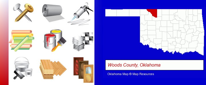 representative building materials; Woods County, Oklahoma highlighted in red on a map