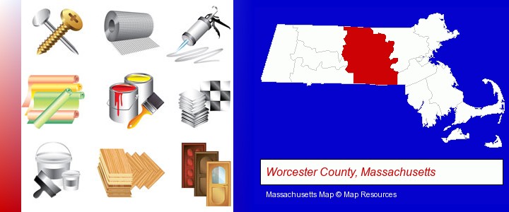 representative building materials; Worcester County, Massachusetts highlighted in red on a map