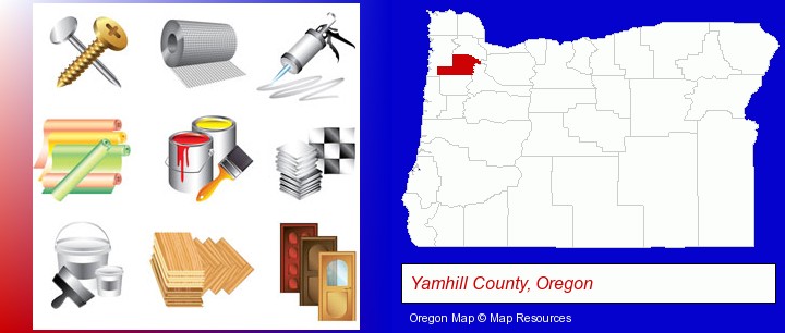 representative building materials; Yamhill County, Oregon highlighted in red on a map