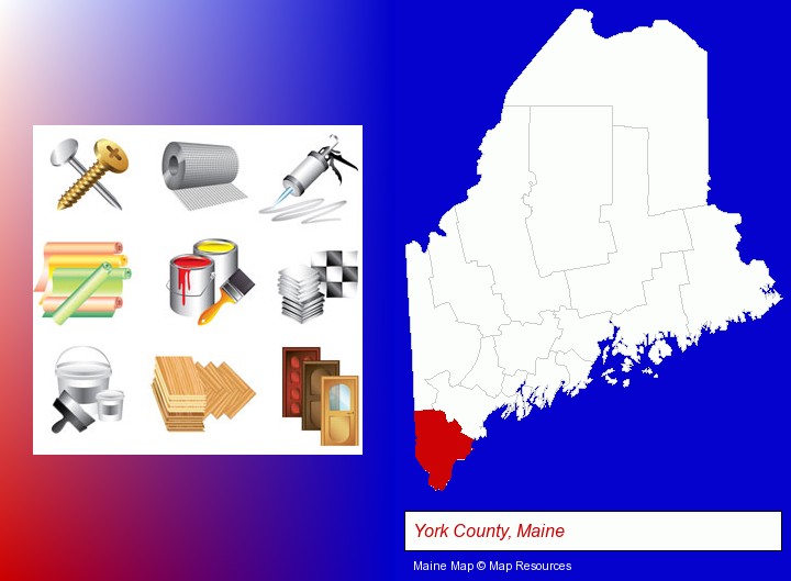 representative building materials; York County, Maine highlighted in red on a map