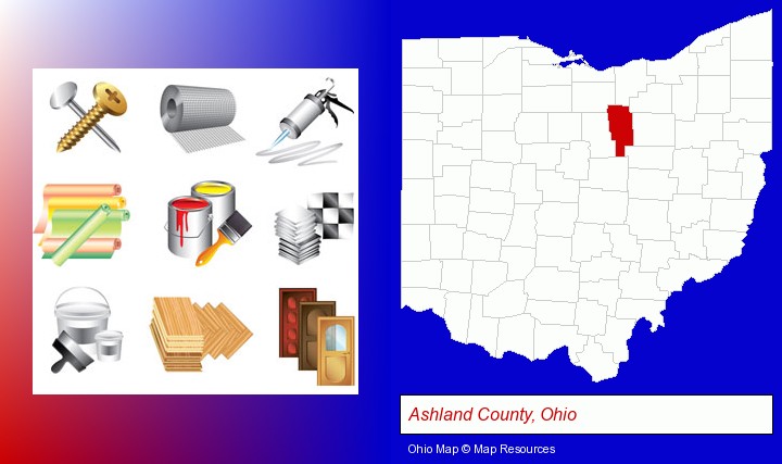 representative building materials; Ashland County, Ohio highlighted in red on a map