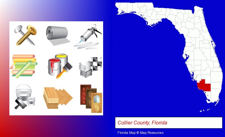 representative building materials; Collier County, Florida highlighted in red on a map