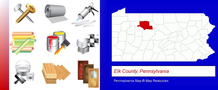 representative building materials; Elk County, Pennsylvania highlighted in red on a map