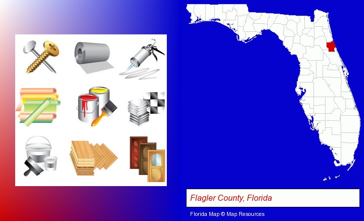 representative building materials; Flagler County, Florida highlighted in red on a map