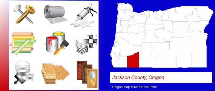 representative building materials; Jackson County, Oregon highlighted in red on a map