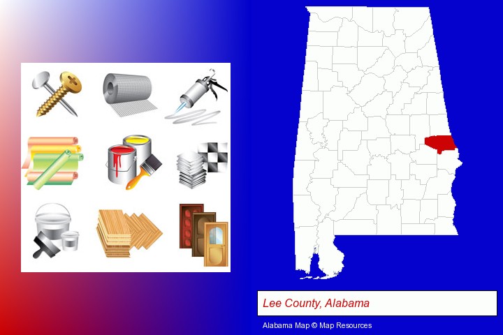 representative building materials; Lee County, Alabama highlighted in red on a map