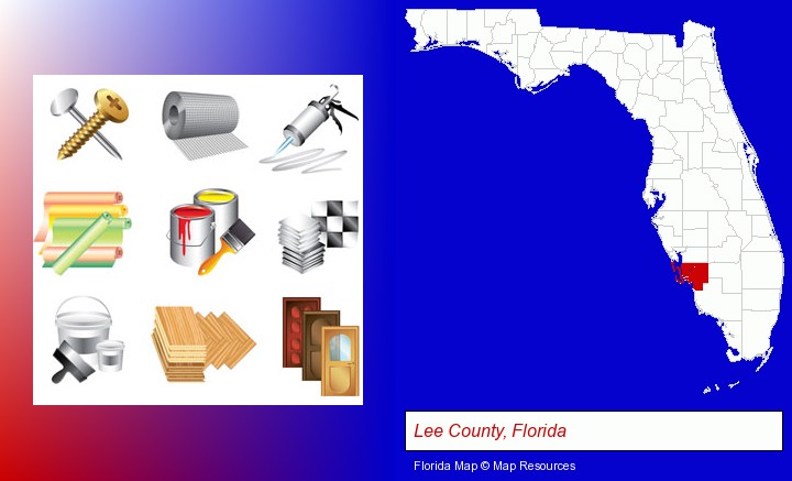 representative building materials; Lee County, Florida highlighted in red on a map