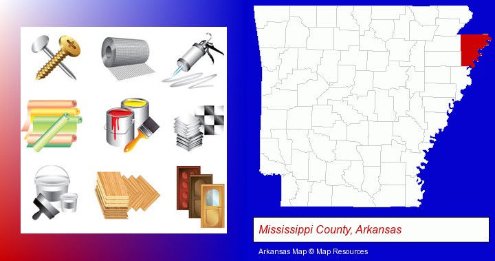 representative building materials; Mississippi County, Arkansas highlighted in red on a map