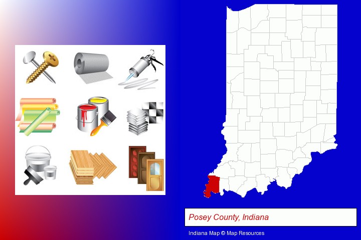 representative building materials; Posey County, Indiana highlighted in red on a map