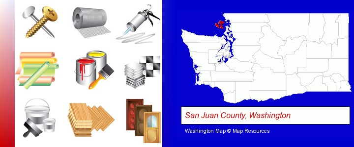 representative building materials; San Juan County, Washington highlighted in red on a map