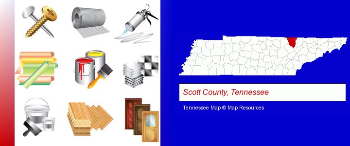 representative building materials; Scott County, Tennessee highlighted in red on a map