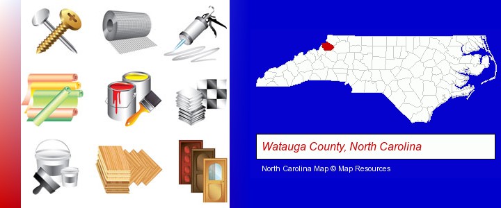 representative building materials; Watauga County, North Carolina highlighted in red on a map